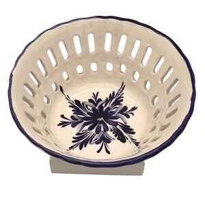Hand Painted Portugal Pierced Berry Bowl Blue  White Floral Reticulated Strainer